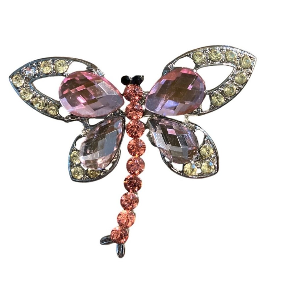 Rhinestone Dragonfly Pin Brooch With Pink & Clear Stones Metal Base - Picture 7 of 7
